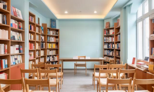 Sala de eventos de una librería con sillas de madera, estanterías y mesa de presentación