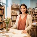Yuridia Graná, organizadora de encuentros literarios, preparando una mesa de presentación