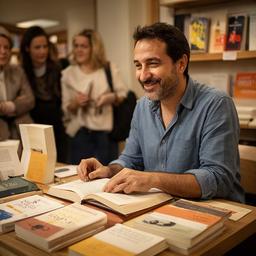 Dobre Cusachs firmando libros junto a una mesa de novedades literarias