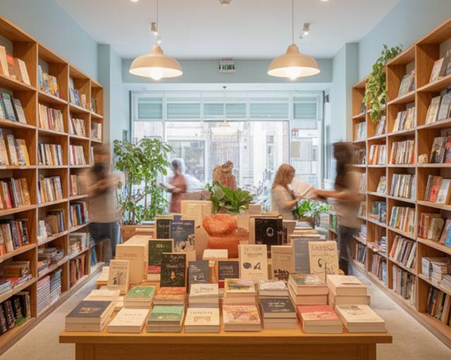 Interior luminoso de una librería de Santa Cruz de Tenerife con estanterías de madera y una mesa de novedades