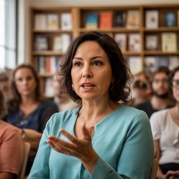 Yuridia Graná hablando ante lectores en una sala luminosa de Santa Cruz de Tenerife