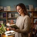 Zlati Fagiani, librera, revisando una selección de poesía en la tienda